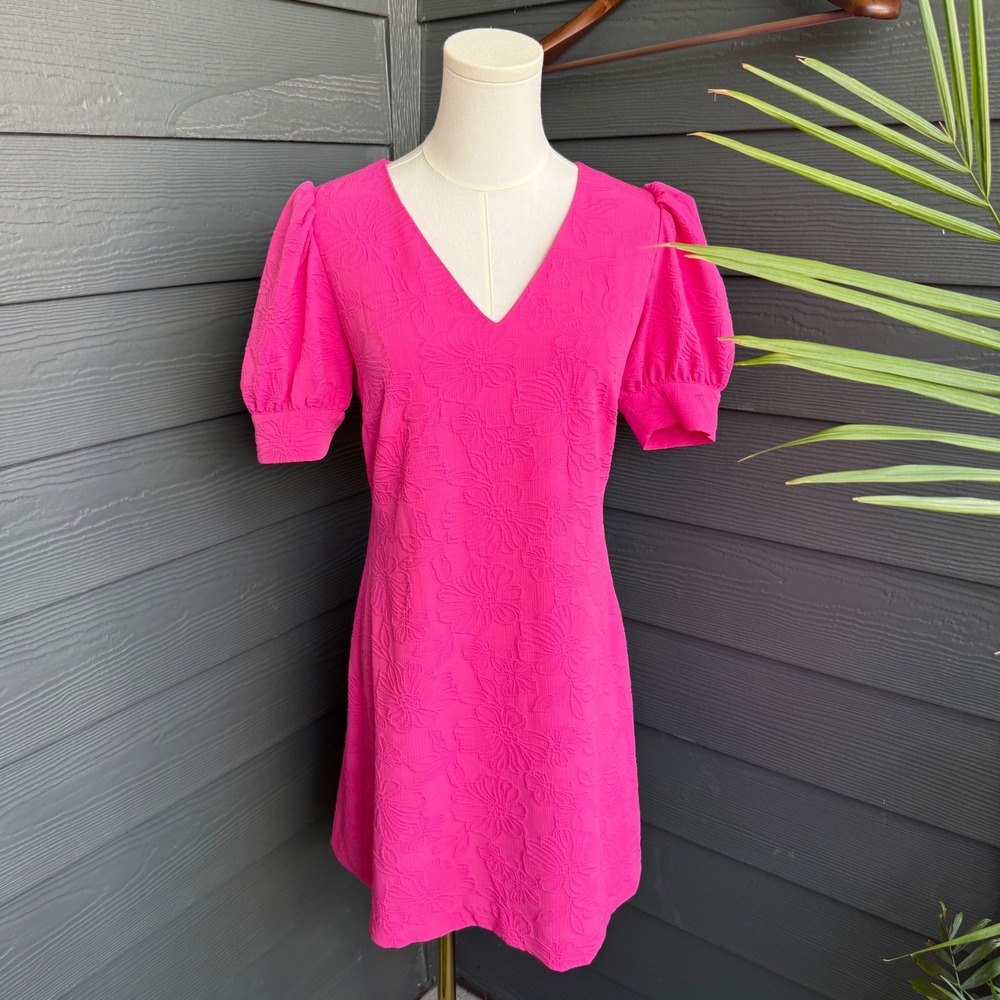 Tommy Hilfiger Pink Jacquard Puff Sleeve Mini Dress Open Back Size 6